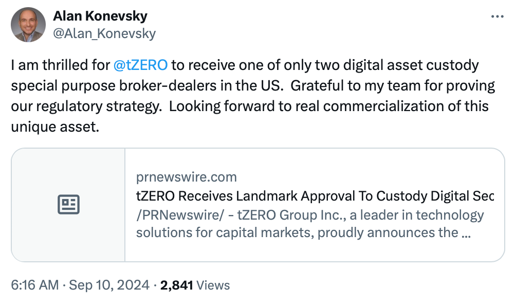 tZero成为第二家获得FINRA批准的数字证券经纪交易商 tZero成为第二家获得FINRA批准的数字证券经纪交易商
