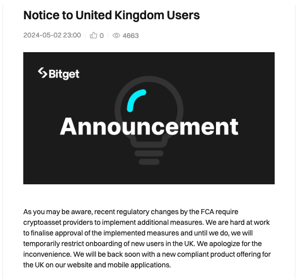 Bitget在遵守FCA规则后重新推出英国平台 Bitget在遵守FCA规则后重新推出英国平台