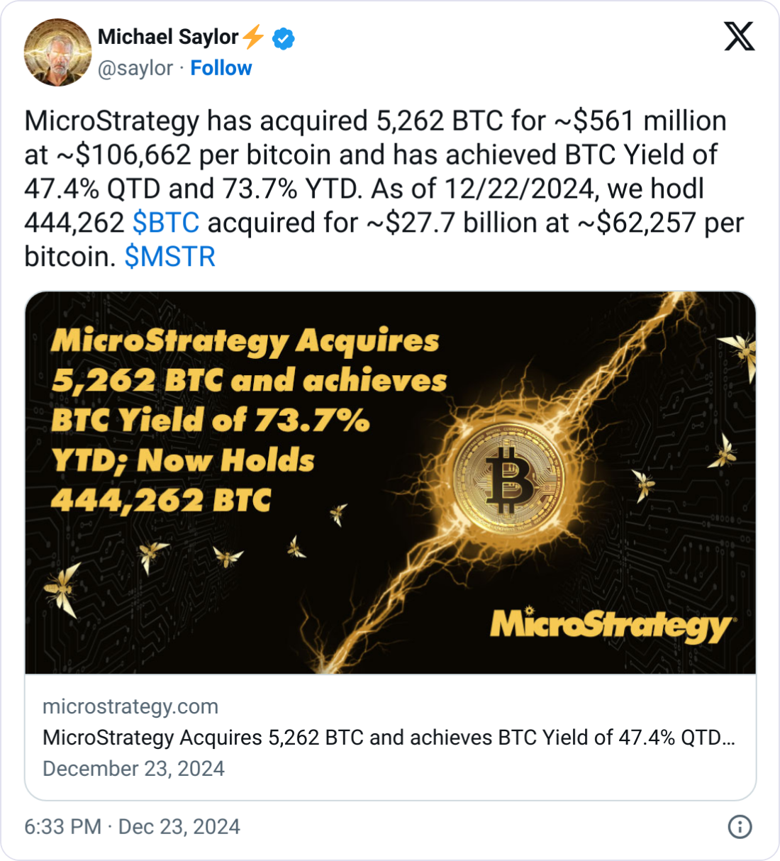 MicroStrategy以10.6万美元的平均价格购得5200比特币 MicroStrategy以10.6万美元的平均价格购得5200比特币