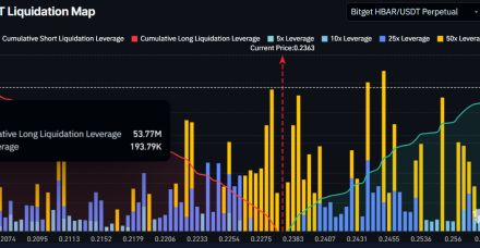 HBAR币价格可能跌至0.20美元,5300万美元清算即将到来